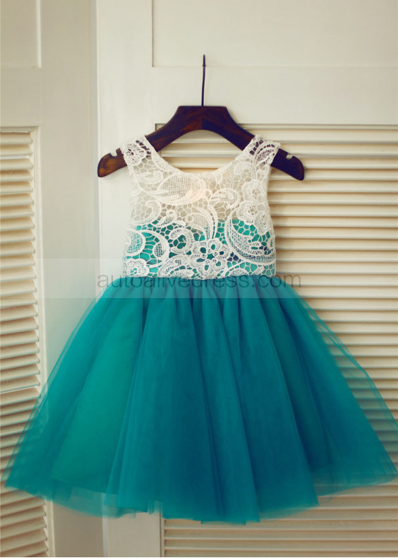 Ivory Lace Peacock Blue Tulle Unique Flower Girl Dress Ivory Lace Peacock Blue Tulle Unique Flower Girl Dress